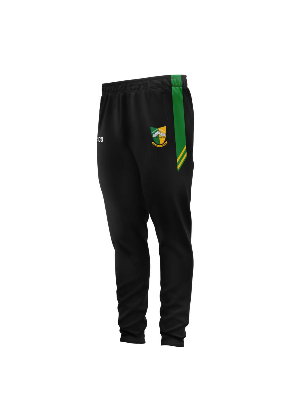 Mountnugent GAA kid's black skinnies with emerald and gold side panel and club crest