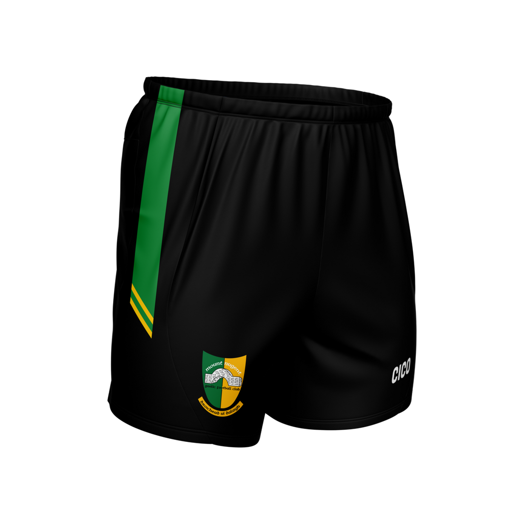 Mountnugent GAA kid's black leisure shorts with emerald and gold side panel and club crest
