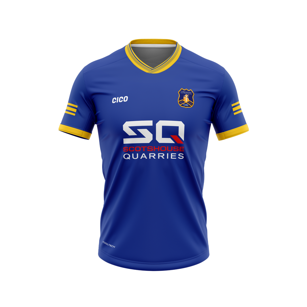 Currin GAA kid's royal blue home jersey with dark gold collar, cuffs and sleeve stripes and club crest - front - Gaelic football club jersey by Cico Sports