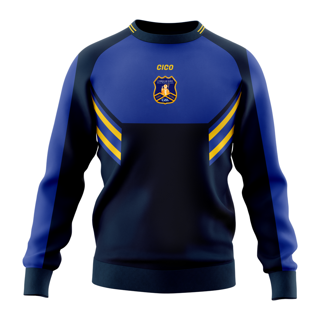Currin GAA kid's navy and royal blue cotton crewneck with dark gold chevron stripes and club crest - front - Gaelic football club merchandise by Cico Sports