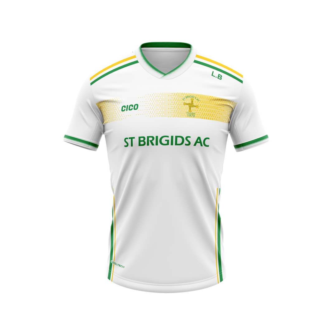 St Brigid's AC kid's white training jersey with gold chest band, green trim and club crest - front - Cico Sports