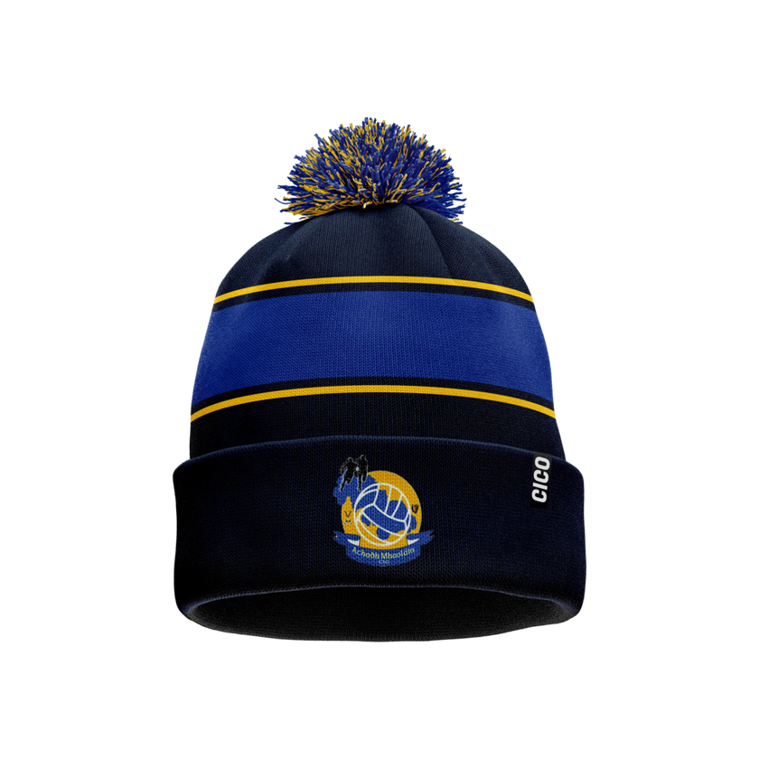 Aughawillan GAA navy, royal blue and gold bobble hat with club crest