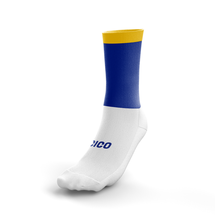 Aughawillan GAA royal blue and gold crew socks with white foot