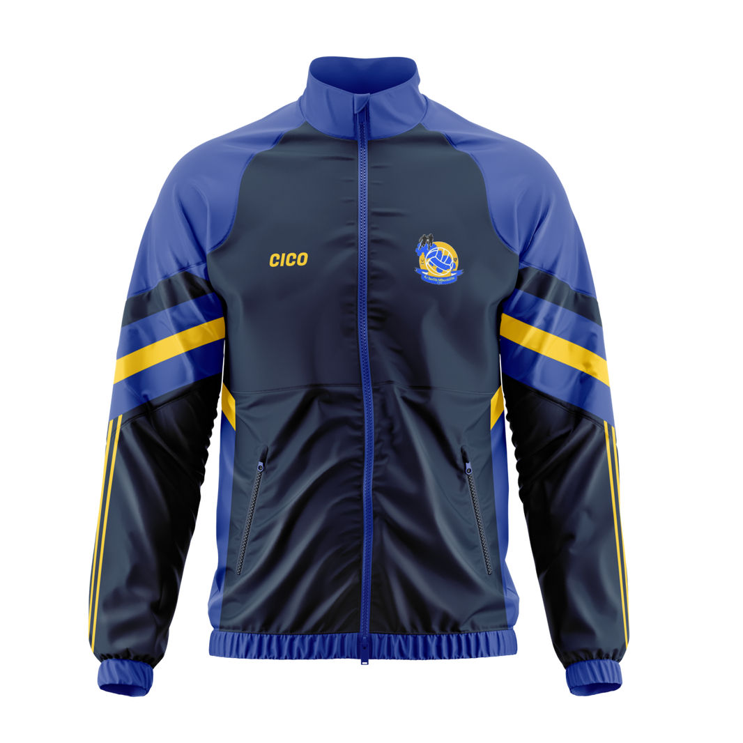 Aughawillan GAA kid's royal blue and navy retro jacket with gold sleeve stripes and club crest - front