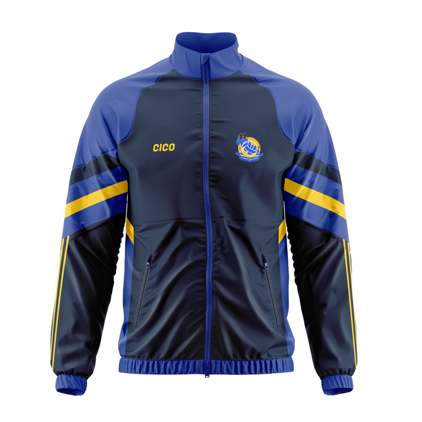 Aughawillan GAA kid's royal blue and navy retro jacket with gold sleeve stripes and club crest - front