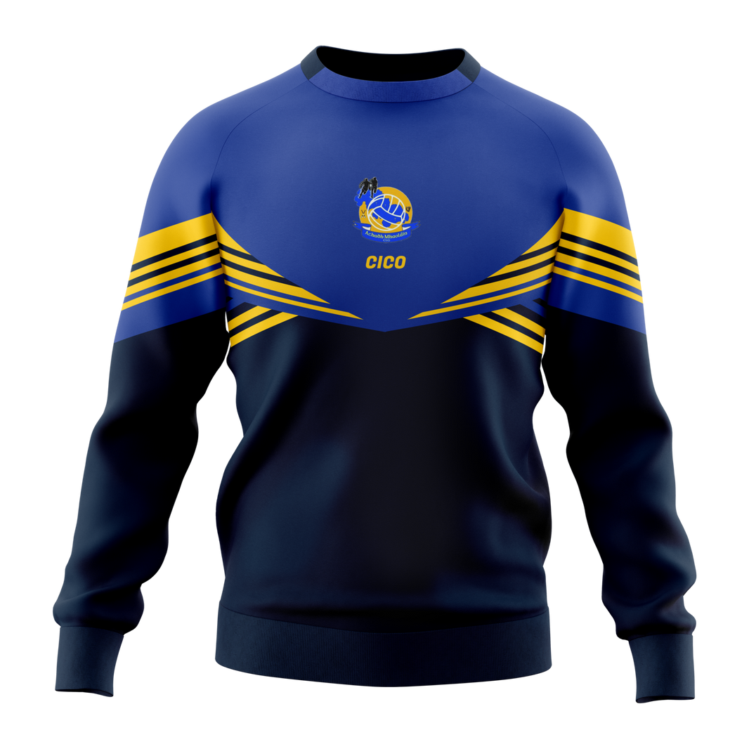 Aughawillan GAA kid's royal blue and navy crewneck with gold detail and club crest - front