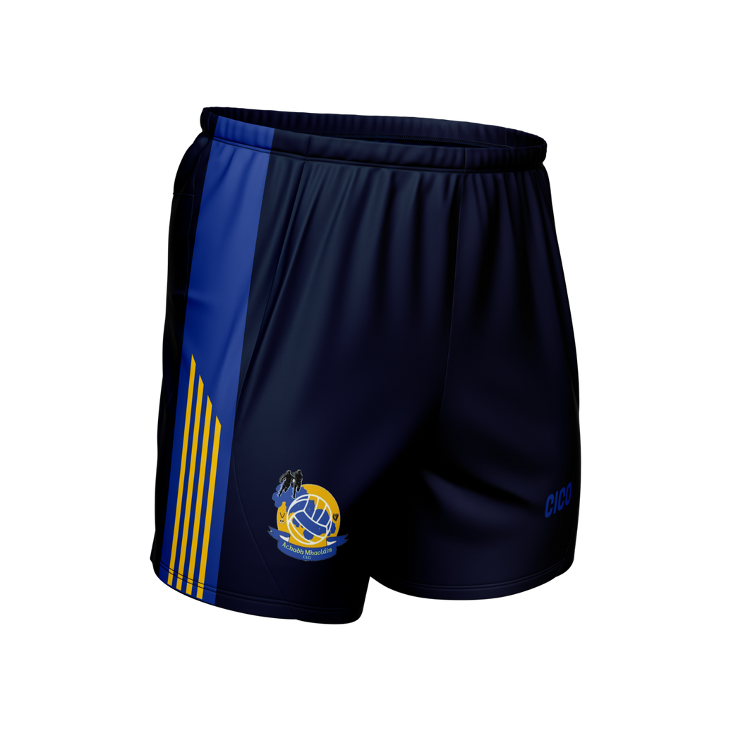 Aughawillan GAA kid's navy Gaelic shorts with royal blue and gold side panel and club crest