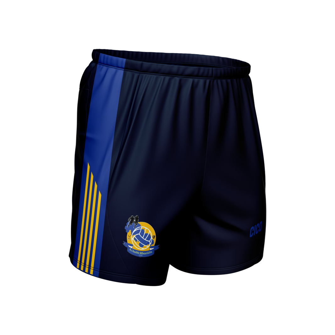 Aughawillan GAA kid's navy Gaelic shorts with royal blue and gold side panel and club crest