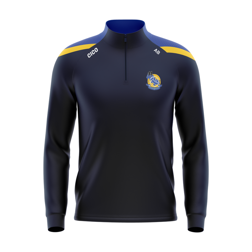 Aughawillan GAA kid's navy half zip with royal blue and gold shoulder panels and club crest - front