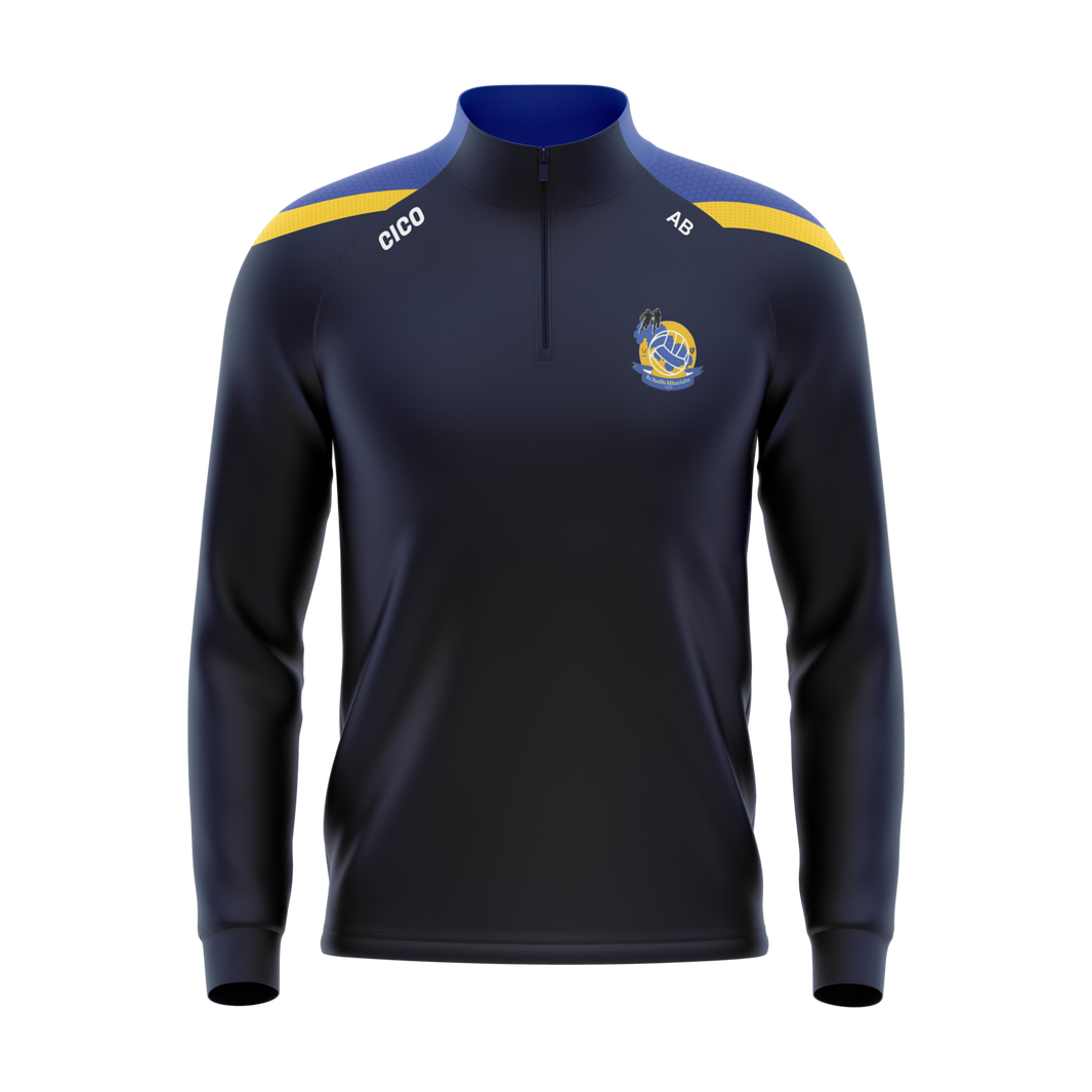 Aughawillan GAA kid's navy half zip with royal blue and gold shoulder panels and club crest - front