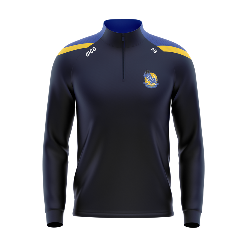 Aughawillan GAA kid's navy half zip with royal blue and gold shoulder panels and club crest - front