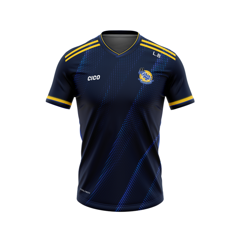 Aughawillan GAA kid's navy and gold training jersey with club crest - front