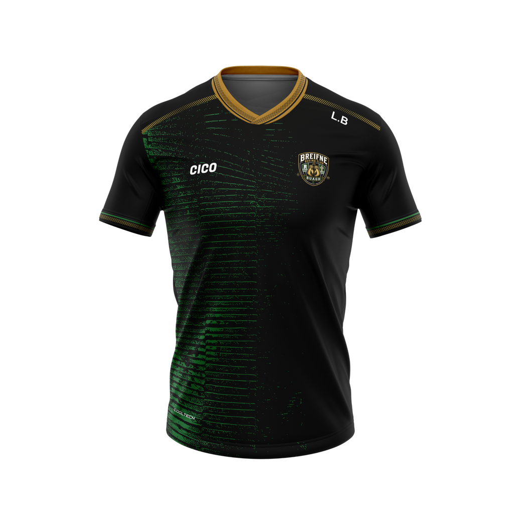 Breifne Boxing Club kid's black training jersey with green detail, gold collar and club crest