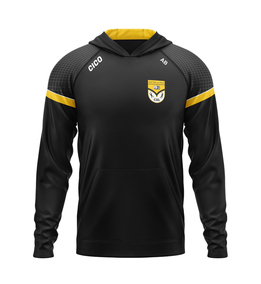 Ballinagh GAA black hoodie with amber sleeve stripes and club crest – front