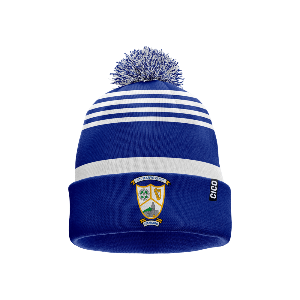 St Mary's Granard GFC royal and white bobble hat with club crest - official GAA club merchandise