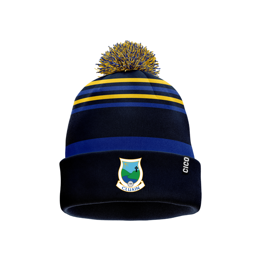 Cloone GAA navy bobble hat with royal blue and gold stripes and Cloone crest - GAA club merchandise by Cico Sports