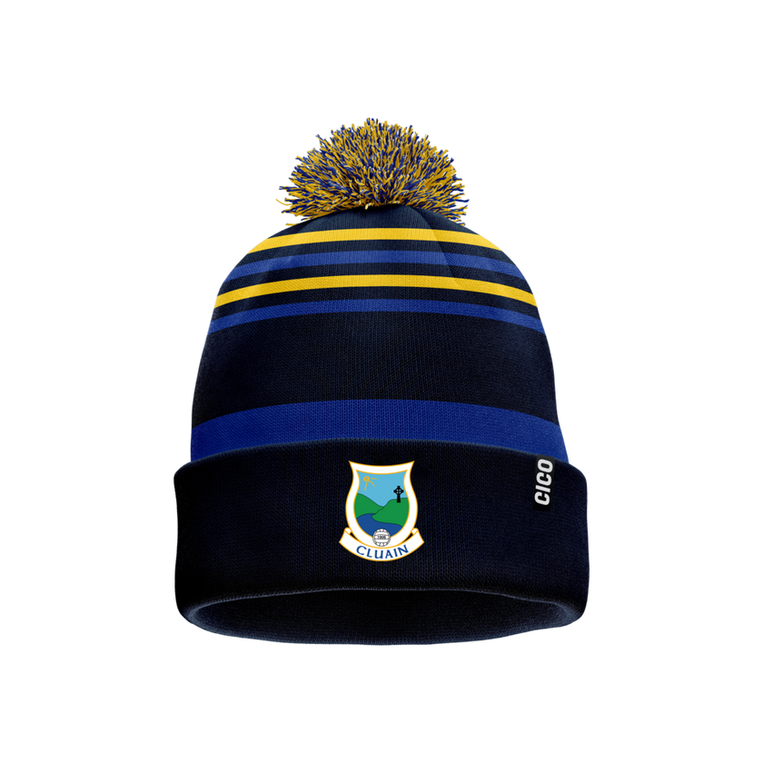Cloone GAA navy bobble hat with royal blue and gold stripes and Cloone crest - GAA club merchandise by Cico Sports