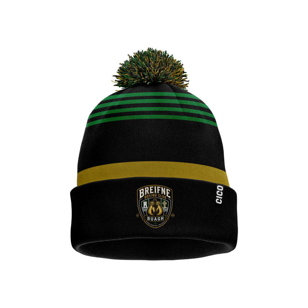 Breifne Boxing Club black knitted bobble hat with green stripes, gold turn-up and club crest