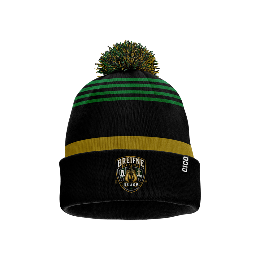 Breifne Boxing Club black knitted bobble hat with green stripes, gold turn-up and club crest