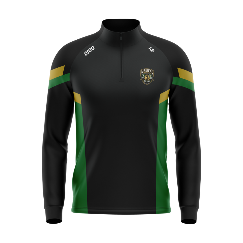 Breifne Boxing Club kid's black half zip with green and gold panels and club crest