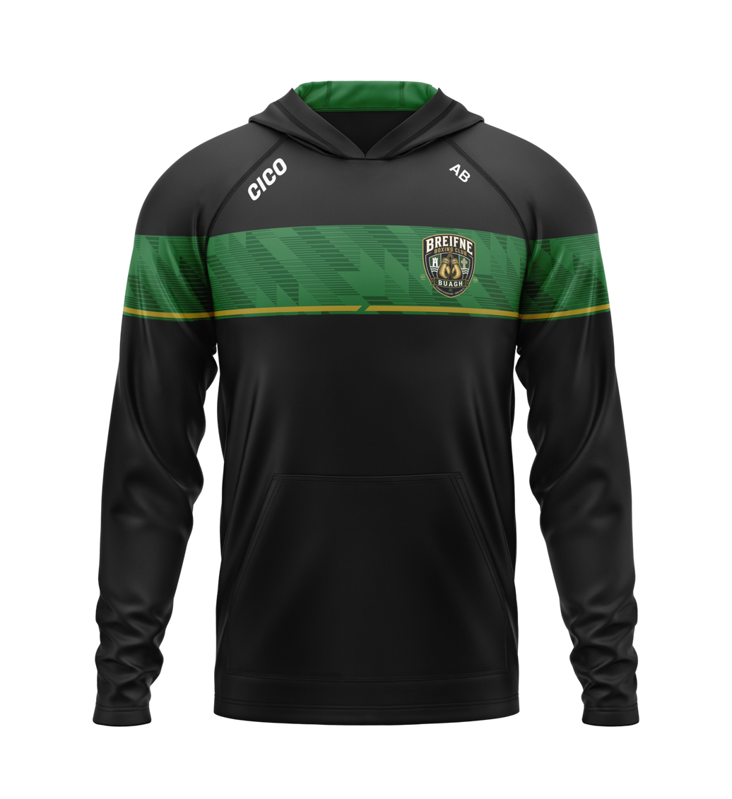 Breifne Boxing Club kid's black hoodie with green chest panel, gold stripe and club crest