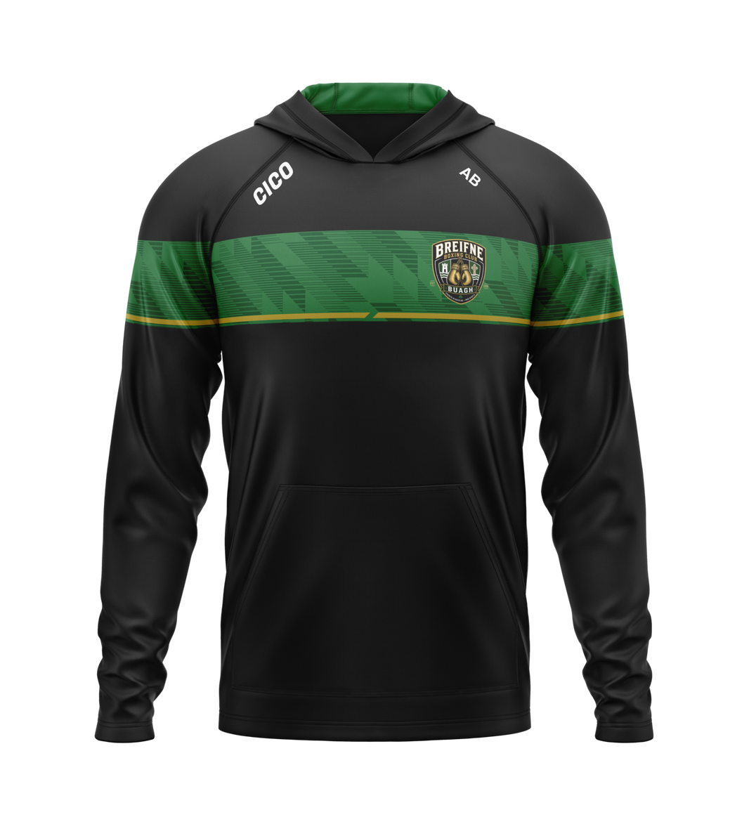 Breifne Boxing Club kid's black hoodie with green chest panel, gold stripe and club crest