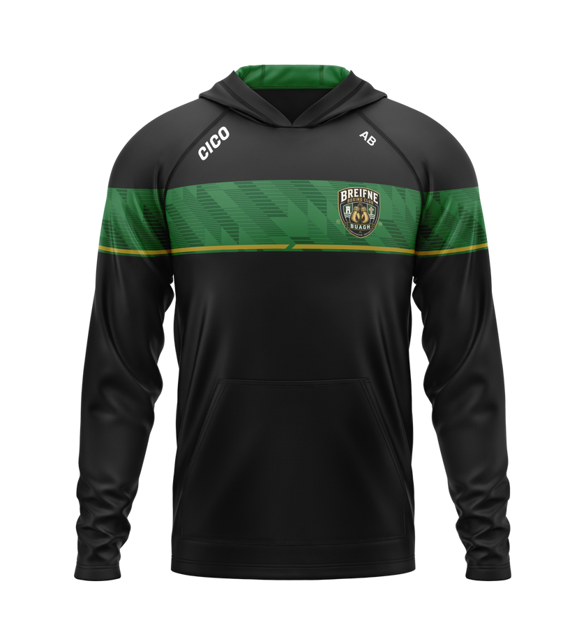 Breifne Boxing Club kid's black hoodie with green chest panel, gold stripe and club crest