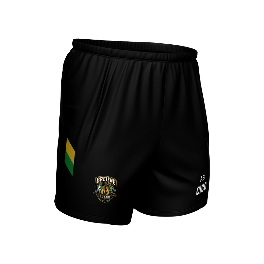 Breifne Boxing Club kid's black leisure shorts with gold and green side detail and club crest
