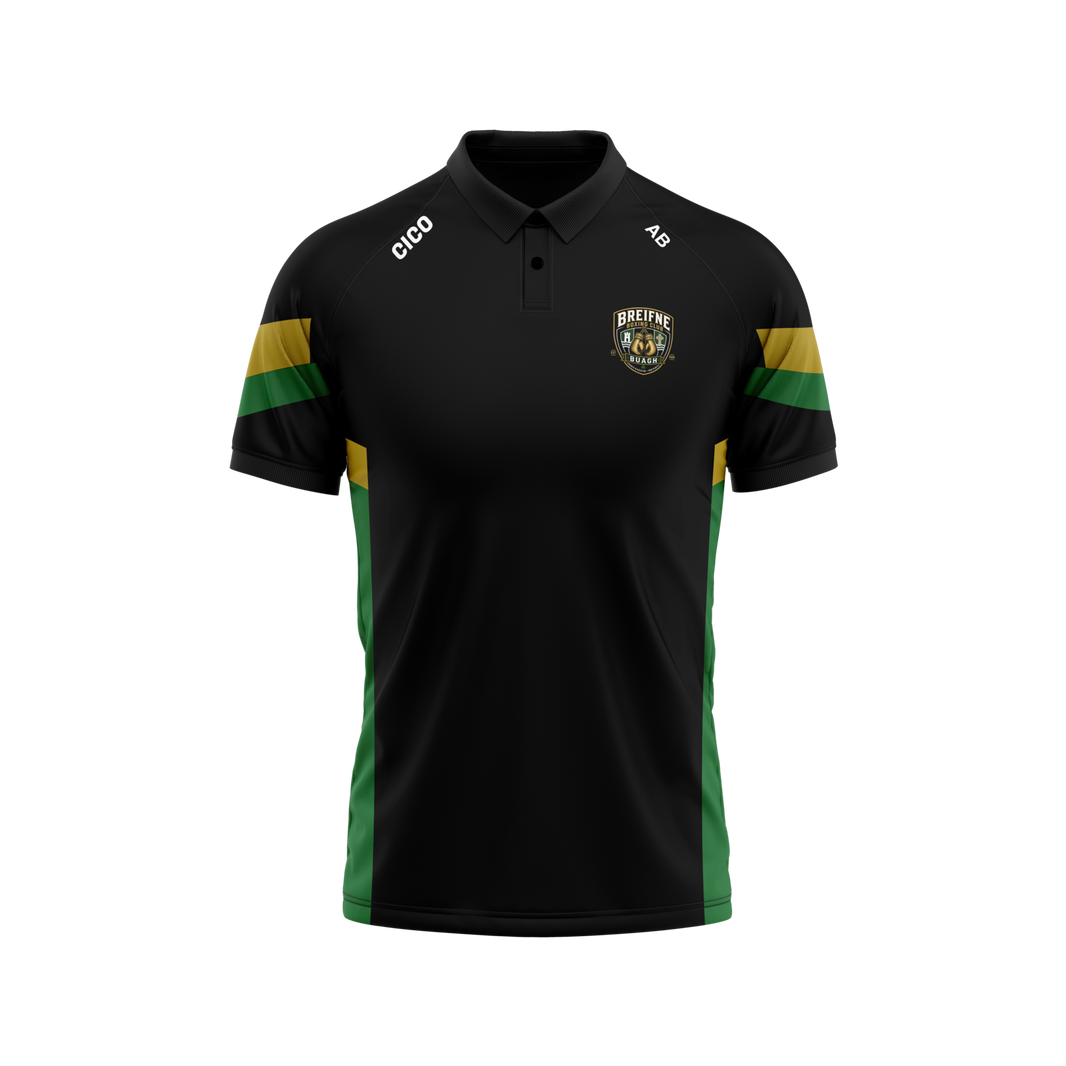 Breifne Boxing Club kid's black polo shirt with green and gold panels and club crest