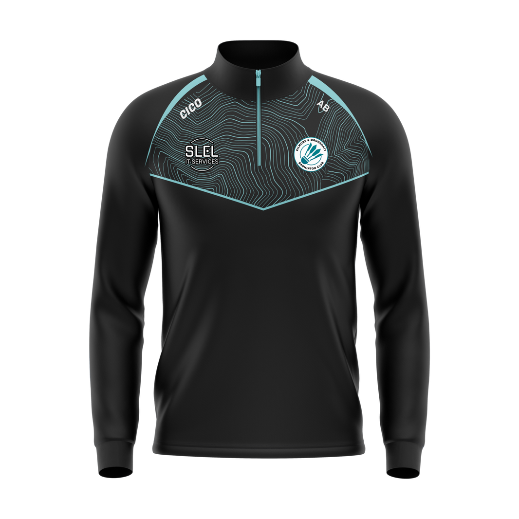 Kilmore & Drumsnatt Badminton Club black and turquoise half zip with club crest - front - Cico Sports