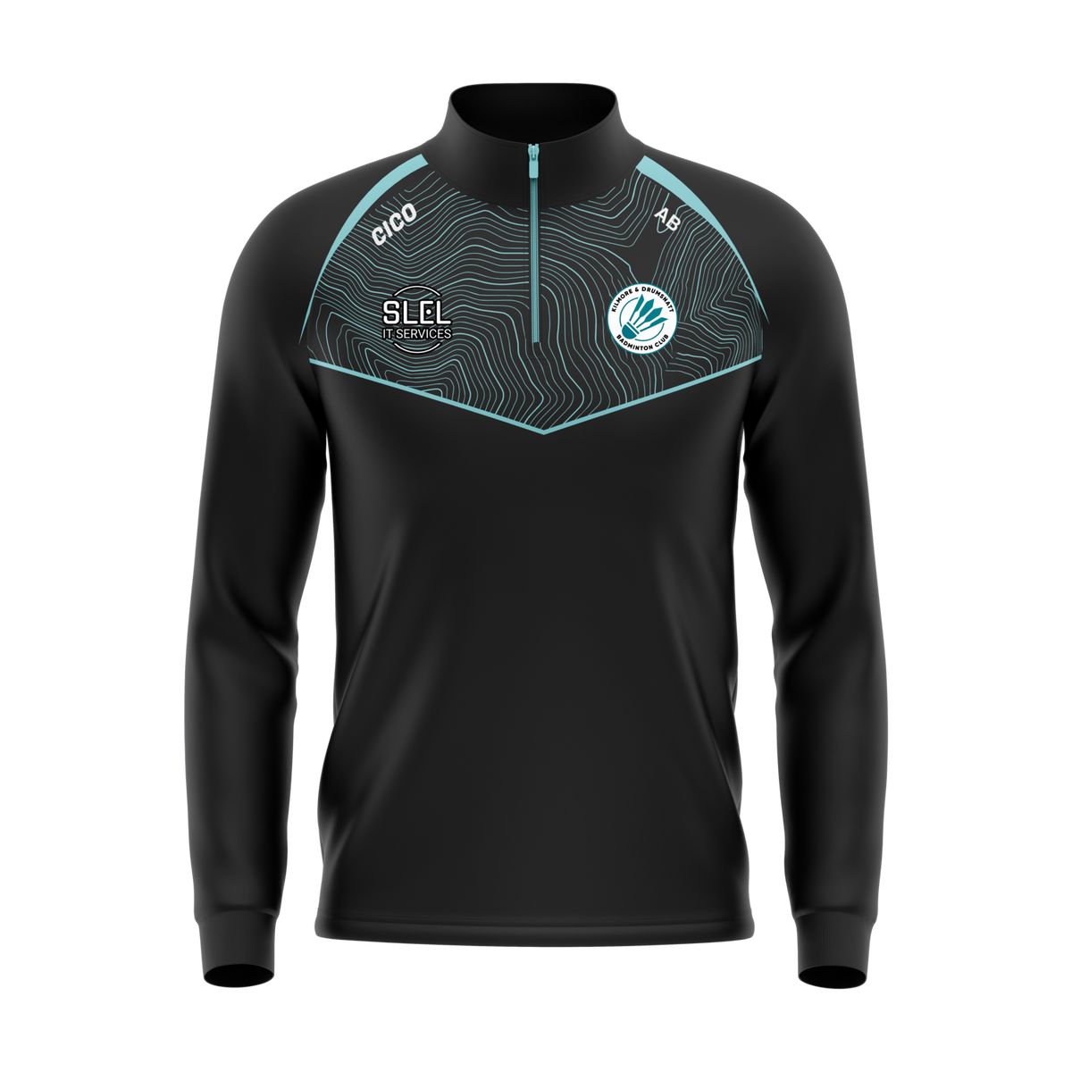 Kilmore & Drumsnatt Badminton Club black and turquoise half zip with club crest - front - Cico Sports