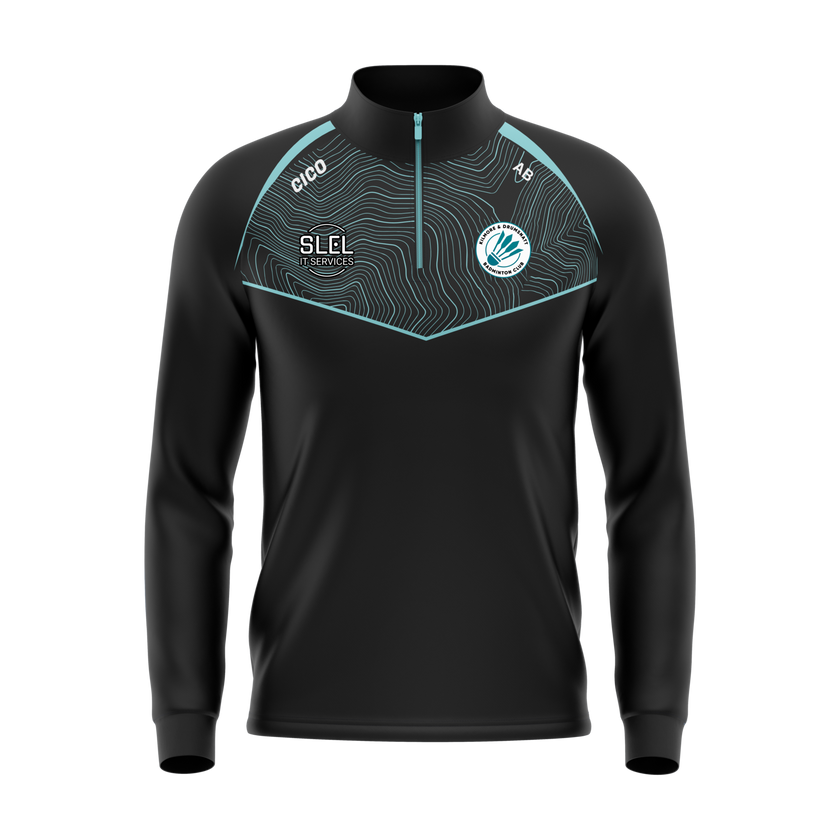 Kilmore & Drumsnatt Badminton Club black and turquoise half zip with club crest - front - Cico Sports