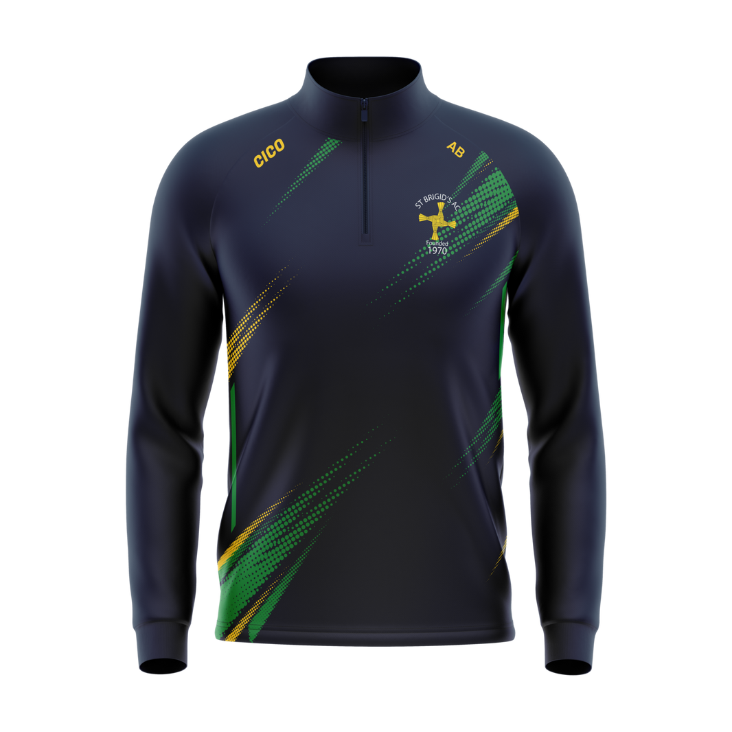 St Brigid's AC navy half zip with green and gold design and club crest - front - Cico Sports
