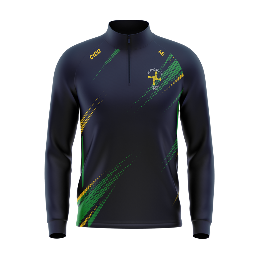 St Brigid's AC kid's navy half zip with green and gold design and club crest - front - Cico Sports