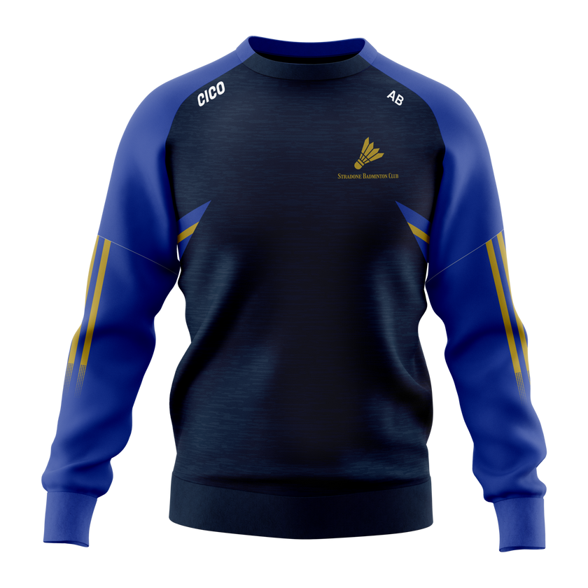 Stradone Badminton Club women's crewneck in navy with royal blue sleeves, gold stripes and club crest