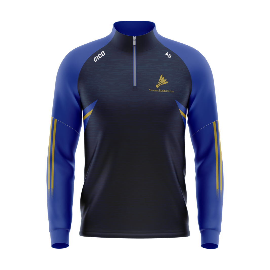 Stradone Badminton Club women's half zip top in navy with royal blue sleeves, gold stripes and club crest
