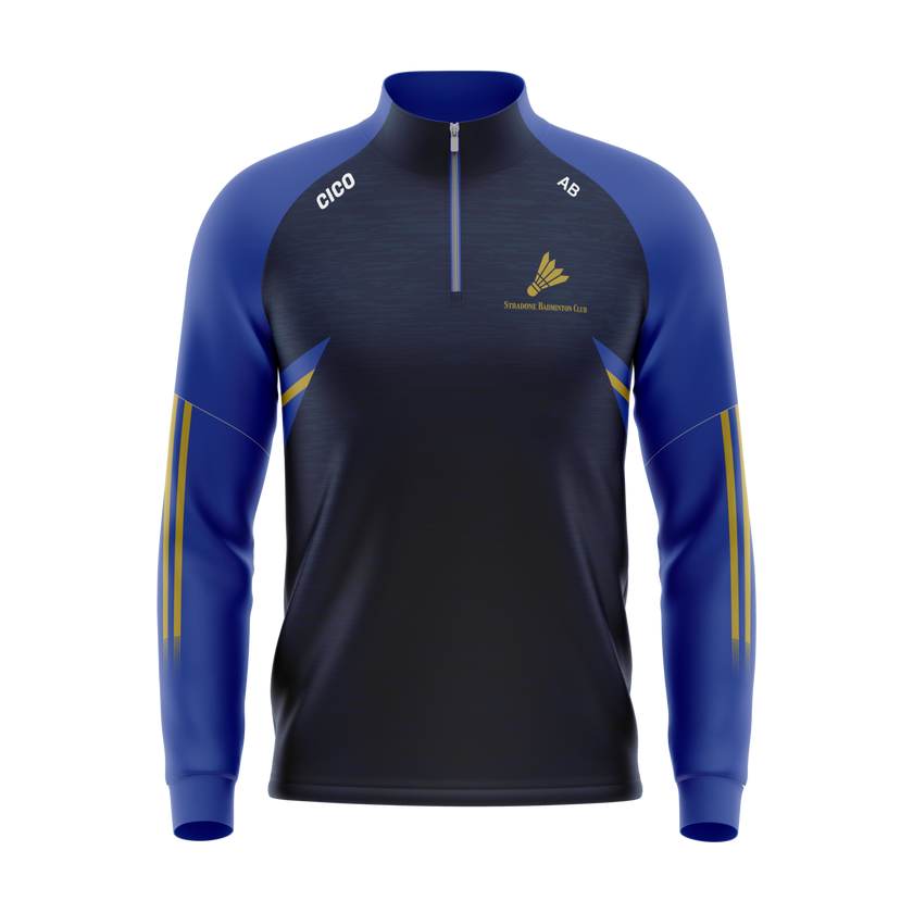 Stradone Badminton Club women's half zip top in navy with royal blue sleeves, gold stripes and club crest