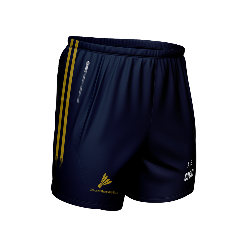 Stradone Badminton Club kid's navy leisure shorts with gold side stripes, zip pocket and club crest