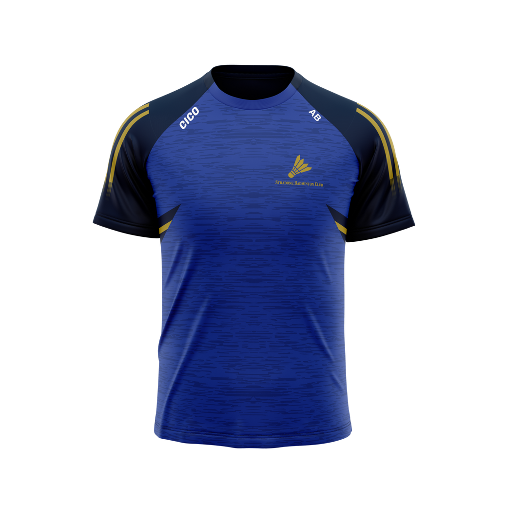 Stradone Badminton Club women's leisure t-shirt in royal blue with navy sleeves, gold stripes and club crest