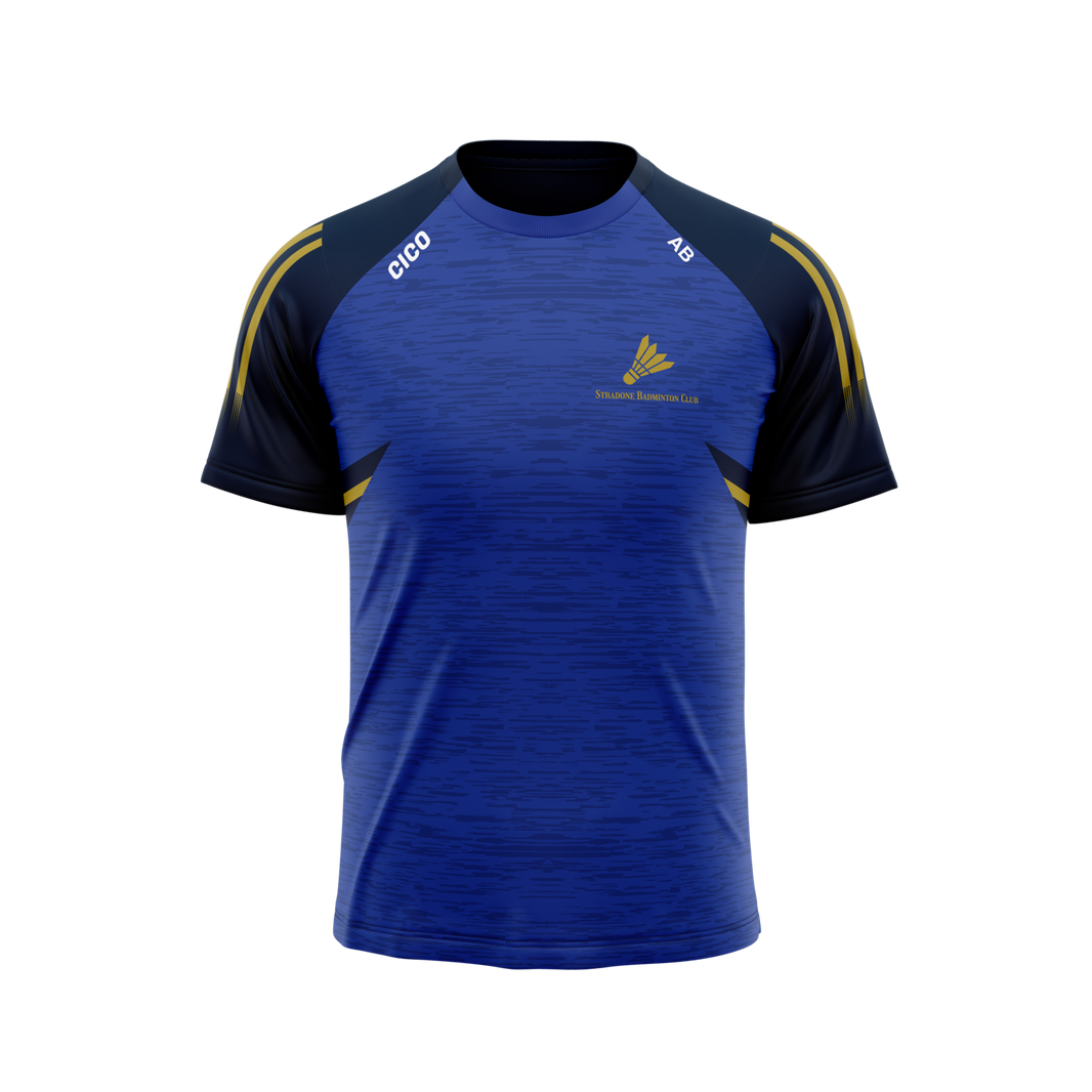 Stradone Badminton Club women's leisure t-shirt in royal blue with navy sleeves, gold stripes and club crest