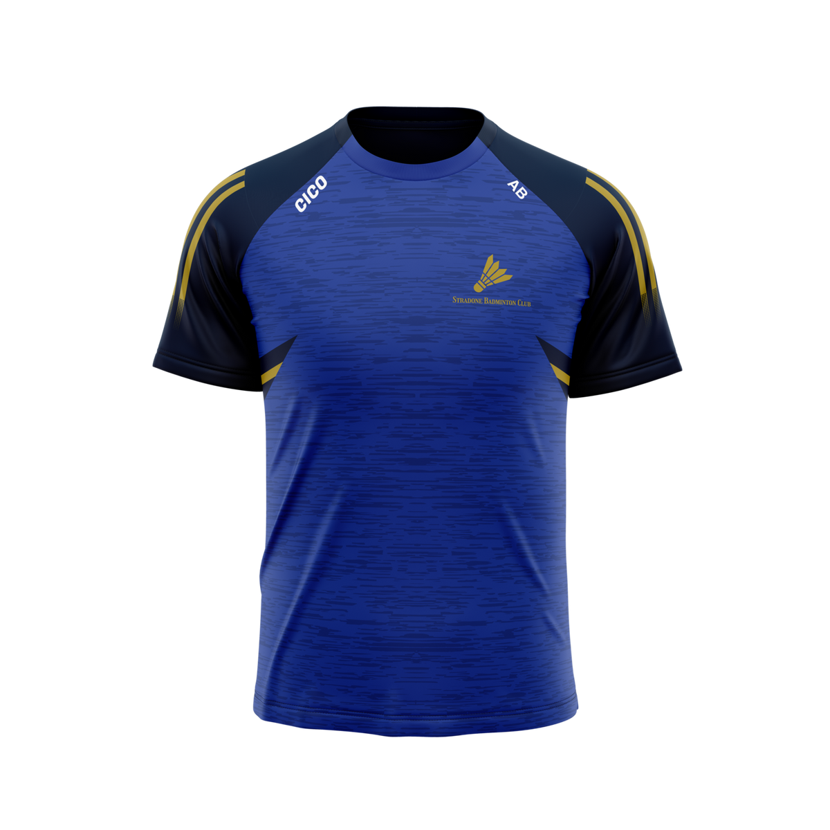 Stradone Badminton Club women's leisure t-shirt in royal blue with navy sleeves, gold stripes and club crest