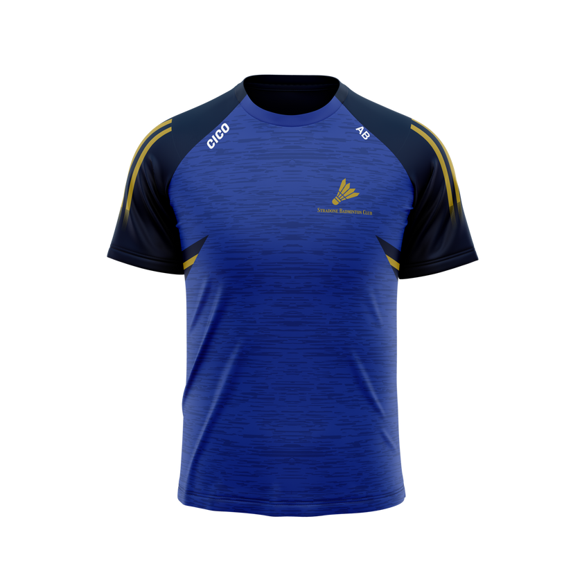 Stradone Badminton Club women's leisure t-shirt in royal blue with navy sleeves, gold stripes and club crest