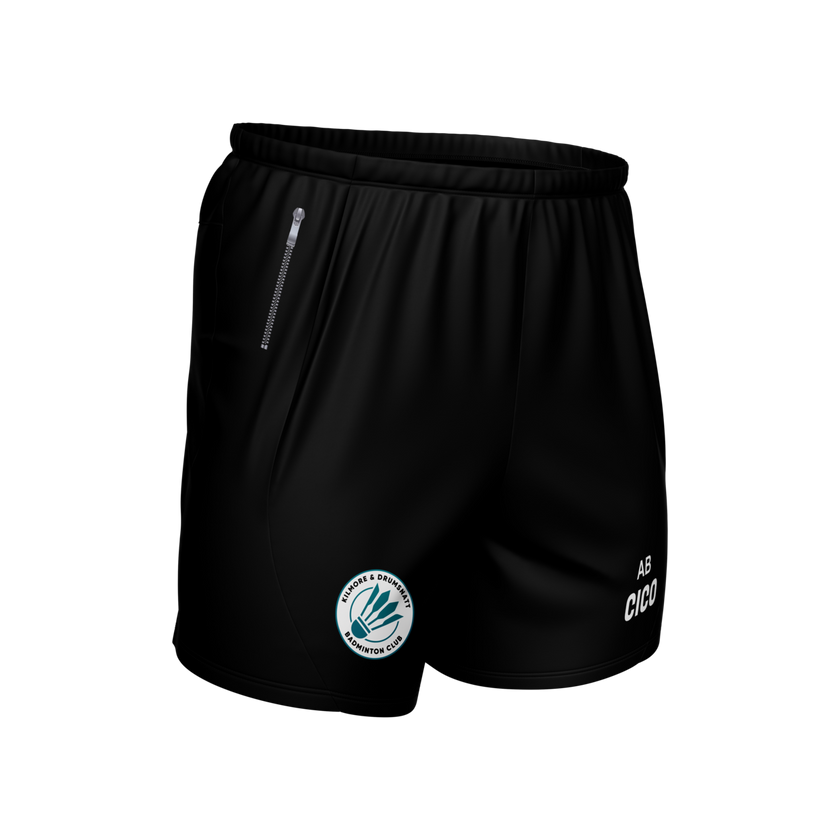 Kilmore & Drumsnatt Badminton Club black leisure shorts with zip pocket and club crest - Cico Sports