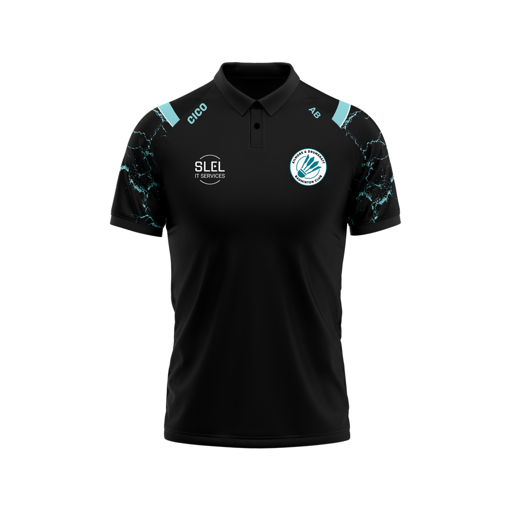 Kilmore & Drumsnatt Badminton Club black and turquoise polo shirt with club crest - front - Cico Sports
