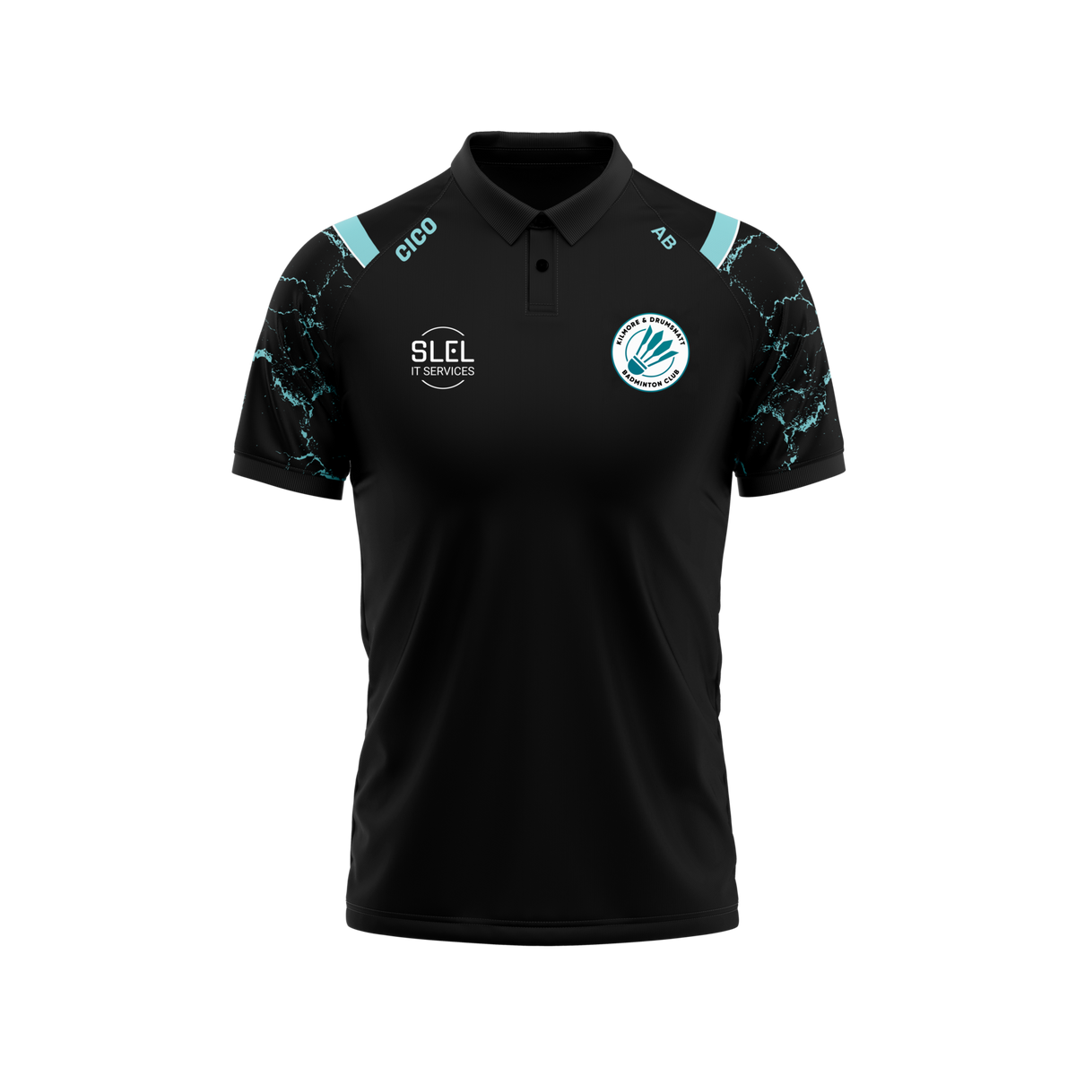 Kilmore & Drumsnatt Badminton Club black and turquoise polo shirt with club crest - front - Cico Sports