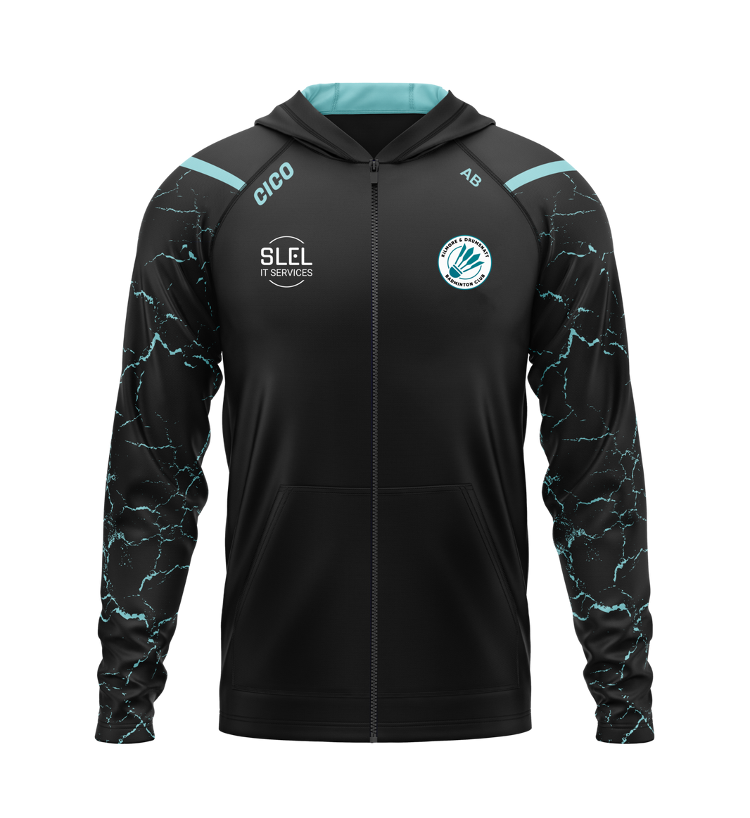 Kilmore & Drumsnatt Badminton Club black and turquoise full-zip hoodie with club crest - front - Cico Sports
