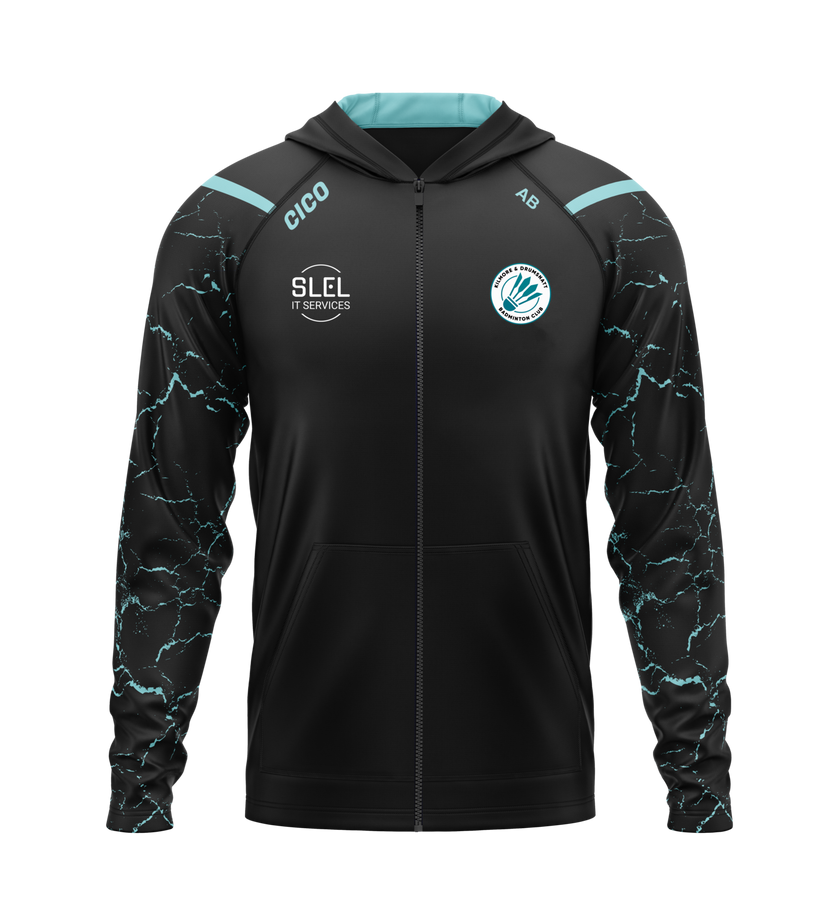 Kilmore & Drumsnatt Badminton Club black and turquoise full-zip hoodie with club crest - front - Cico Sports