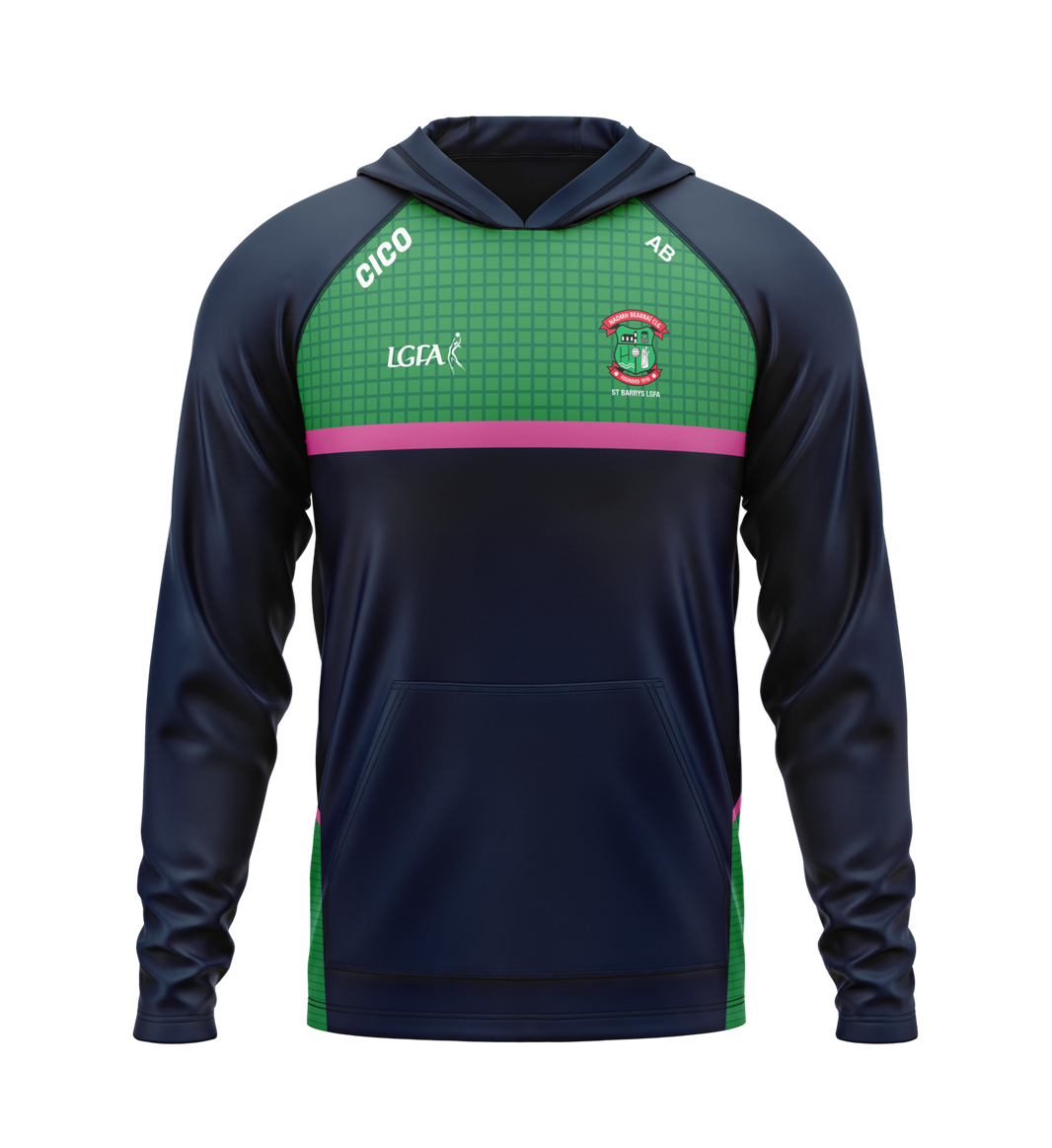 St Barry's LGFA unisex navy hoodie with emerald panel and pink band - club merchandise