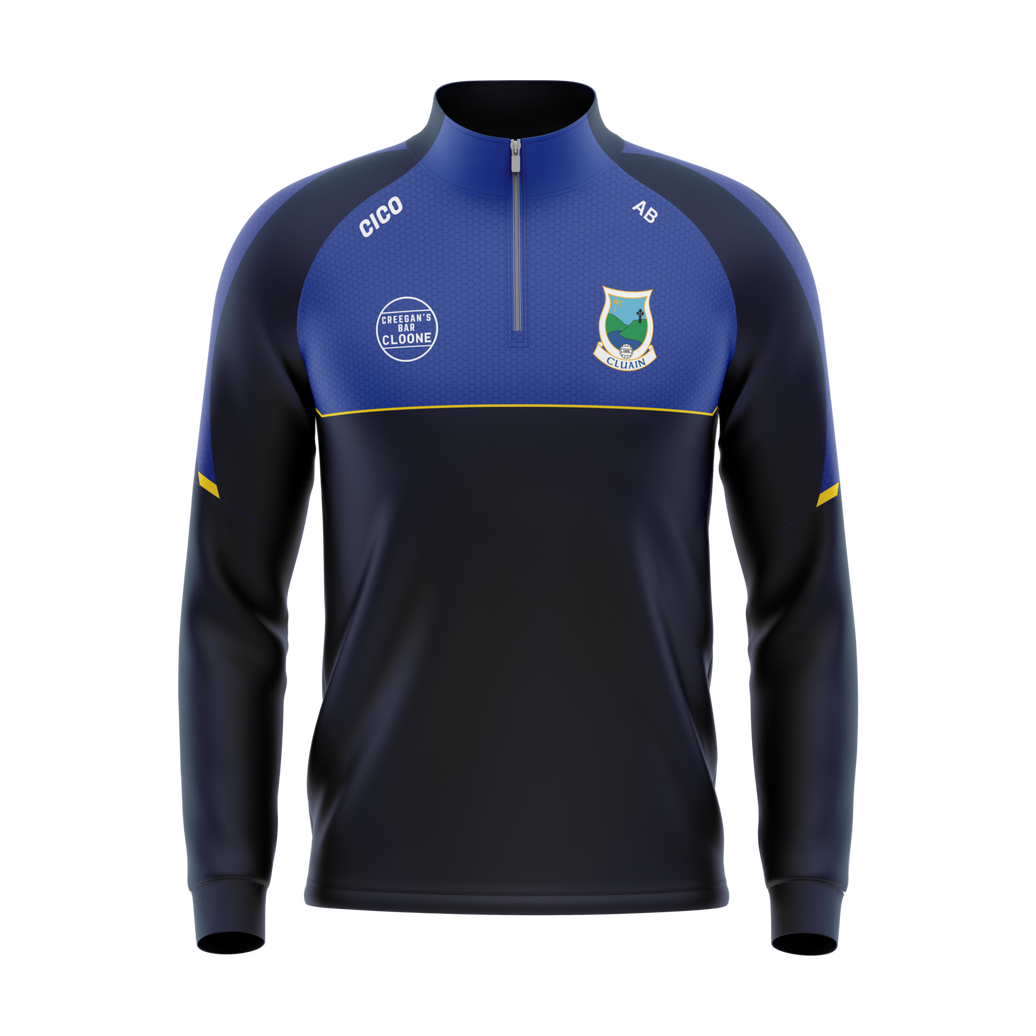 Cloone GAA navy and royal blue half zip with Cloone crest and dark gold chest line - GAA clothing by Cico Sports