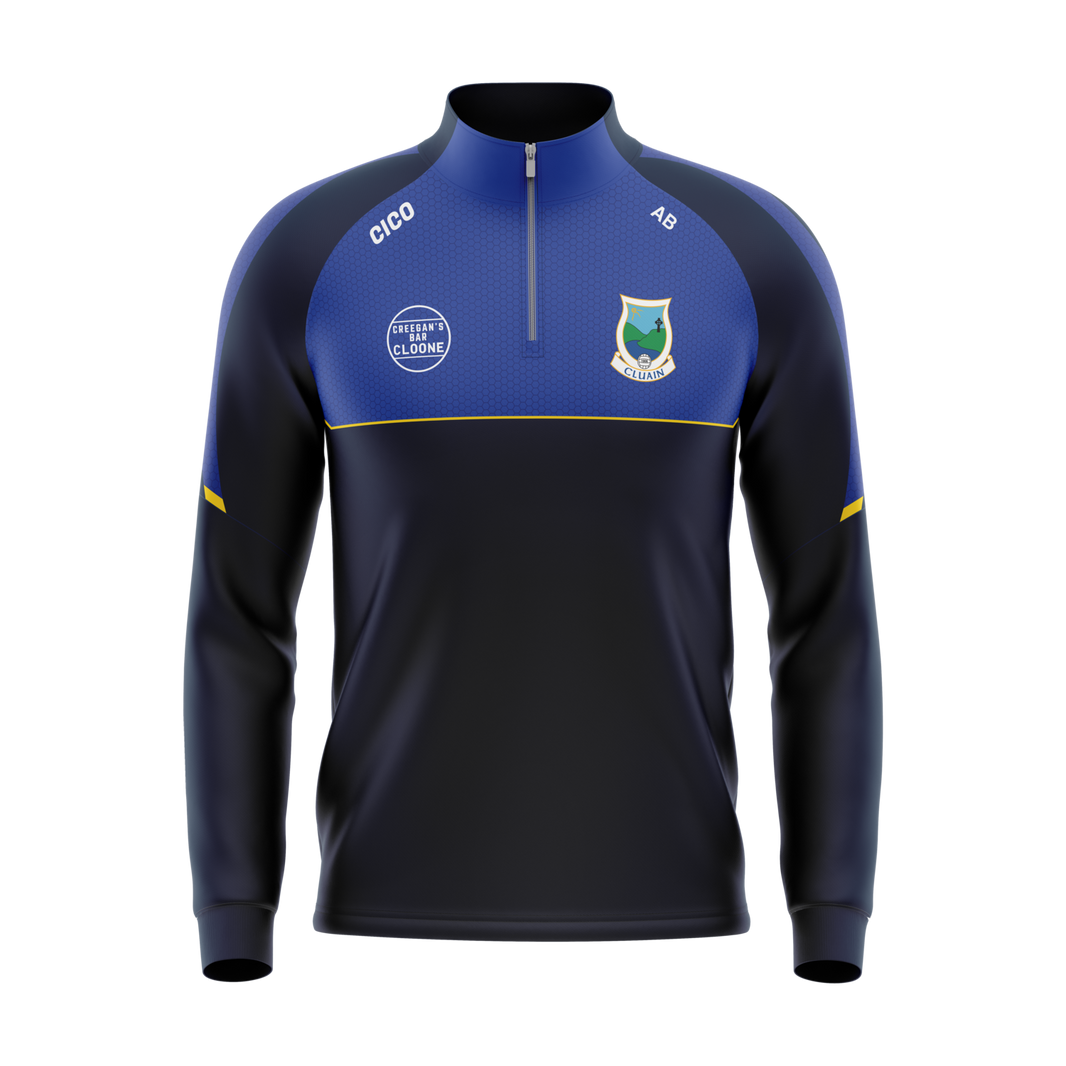 Cloone GAA navy and royal blue half zip with Cloone crest and dark gold chest line - GAA clothing by Cico Sports